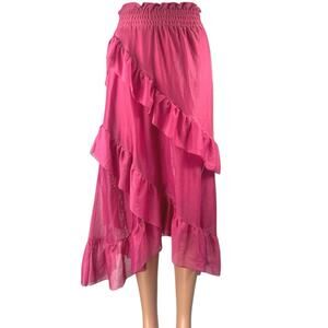 Alamour Pink Ruffle Tiered Elastic Waist Asymmetrical Midi A-Line Skirt Size XS